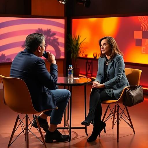Captura del programa de entrevistas 'Cara a Cara', con el presentador Andrés Gómez entrevistando a la escritora Isabela Ríos